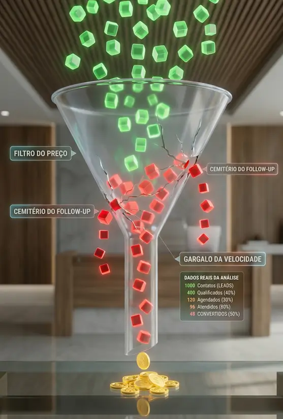 Gestora de clínica analisando o fluxo de contatos perdidos na recepção
